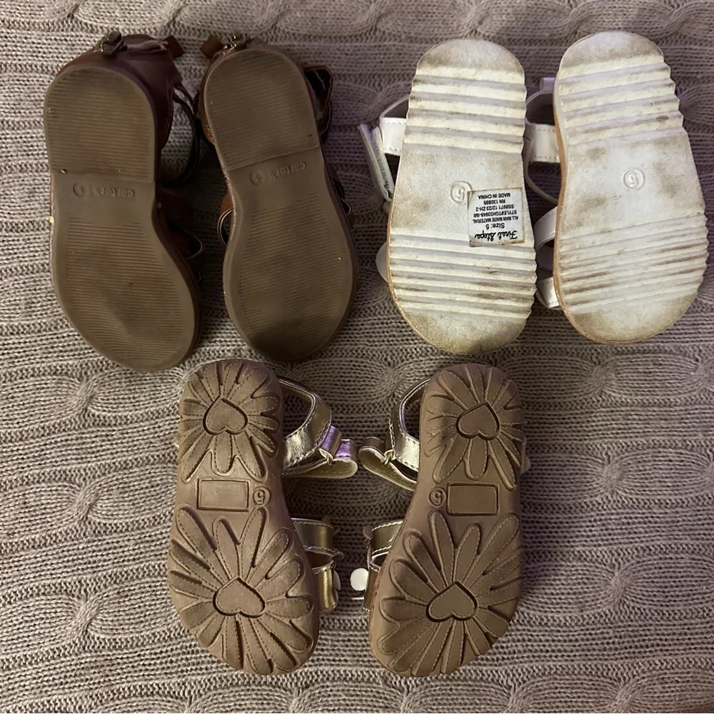 NWOT 3pc Carter’s/First Steps Baby Girl Sandals Bundle, Gold & Neutrals, Size 5
